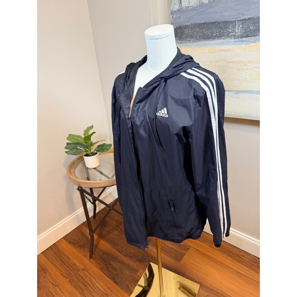 Adidas Mens Black 3-Stripe Hooded Windbreaker Jacket‎ Full Zip Mesh Lined Large